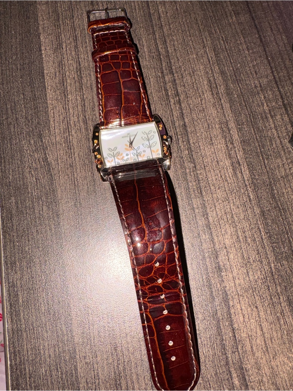 Anne Klein Brown Croc-Embossed Leather Strap Watch with Floral Dial